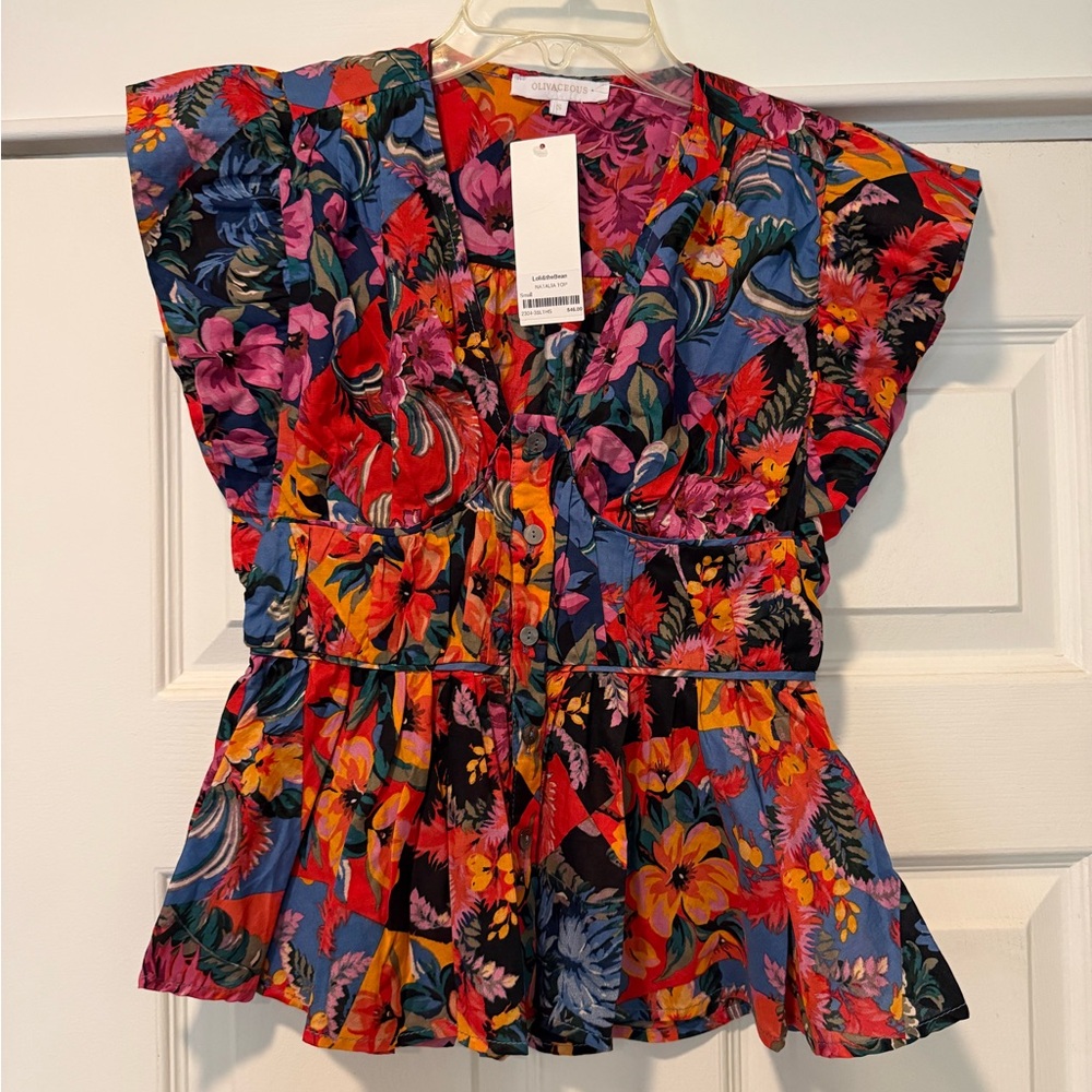 Colorful Floral Flutter-Sleeve Blouse - Multicolor